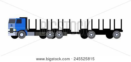 Minimalistic Icon Logging Truck Front Side View. Timber Vehicle With Trailer Cart. Modern Vector Iso