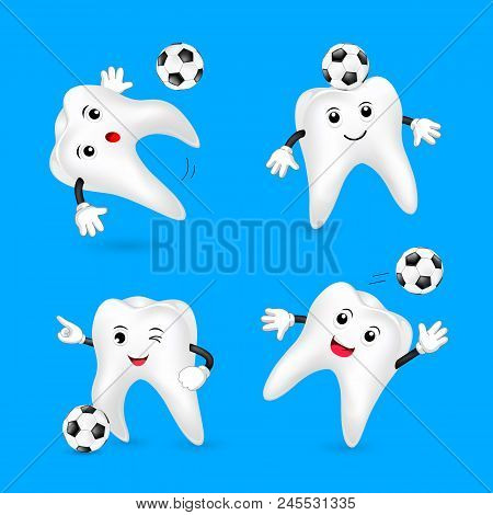 Set Of Cute Cartoon Tooth Playing Soccer Ball. Mascot Character, Sport Concept. Illustration Isolate