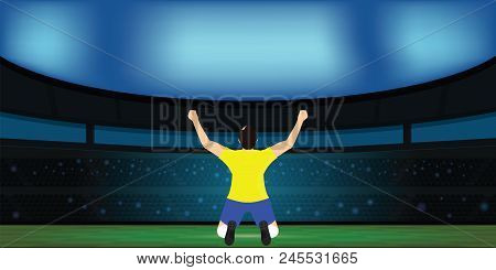 Soccer Player Celebrating Goal On A Soccer Stadium, Vector Illustration.