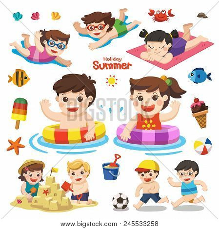 Set Vector Design Element For Summer Season. Happy Kids Playing On The Beach And Swimming. Let's Enj