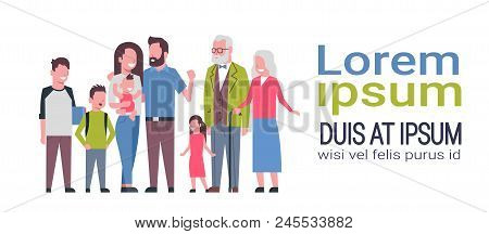 Grandparents Parents Children, Multi Generation Family, Full Length Avatar On White Background, Happ