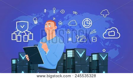 Businessman Hold Tablet Over Data Protection Cloud Servers Center With Hosting Infographic, Network 