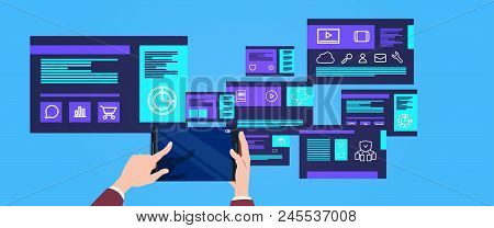 Woman Hand Hold Tablet Data Protection Computing Center With Infographic, Network And Database, Inte