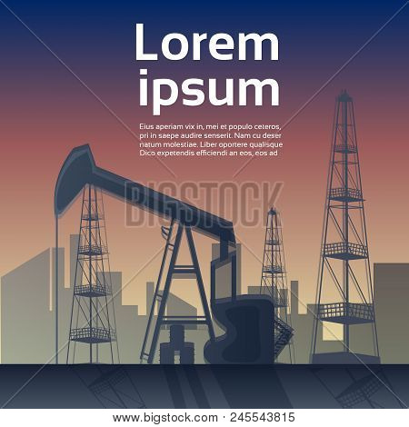 Factory Building Nature Air Pollution Plant Pipe Waste. Silhouette Of An Oil Drilling Rig. Flat Copy