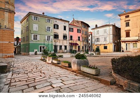 Porec, Istria, Croatia: Picturesque Cityscape At Sunrise Of An Ancient Square In The Old Town