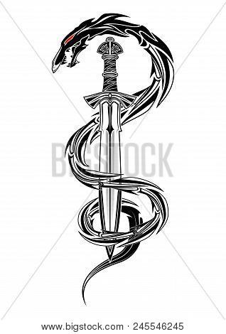 Vector Drawing Of A Fantastic Sword Of The Viking And Dragon. Fantastic Snake. Image Of A Sacred Sig