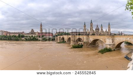 Basilica Cathedral Pilar Zaragoza Aragon Spain, Water Ebro River Stone Bridge