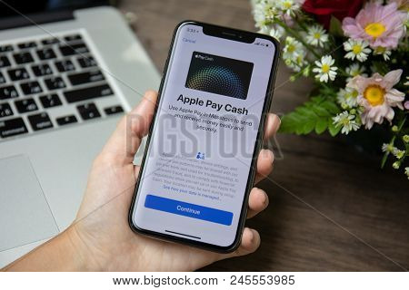 Koh Samui, Thailand - March 23, 2018: Woman Hand Holding Iphone X With Apple Pay On The Screen. Ipho
