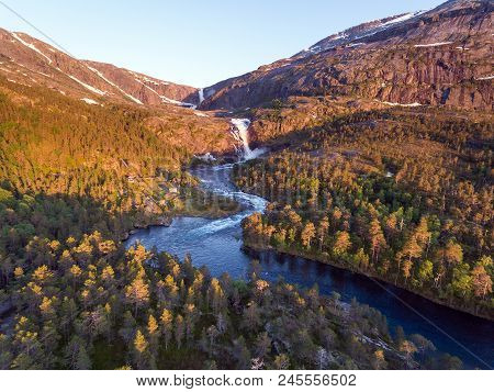 Photo Of Rapid Stunning Waterfall In Husedalen Valley, Norway. Aerial View. Summer Time