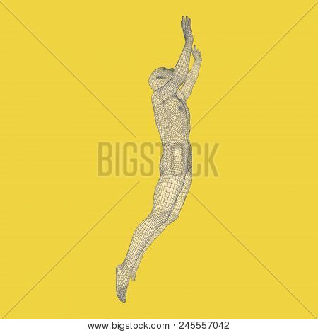 Silhouette Of A Jumping Man. 3d Model Of Man. Geometric Design. Polygonal Covering Skin. Human Body 