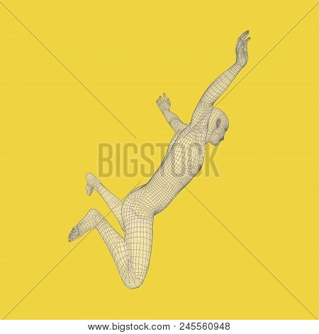 Silhouette Of A Jumping Man. 3d Model Of Man. Geometric Design. Polygonal Covering Skin. Human Body 