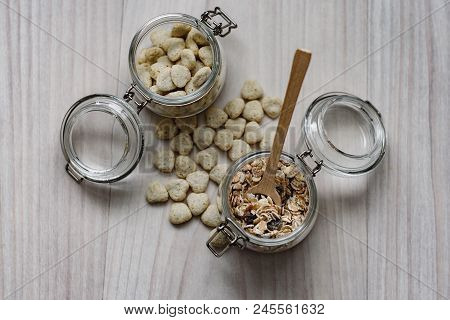 Still Life Of Healthy Food And Dietary Nutrition, Oat Bran In The Form Of Large Granules And Muesli