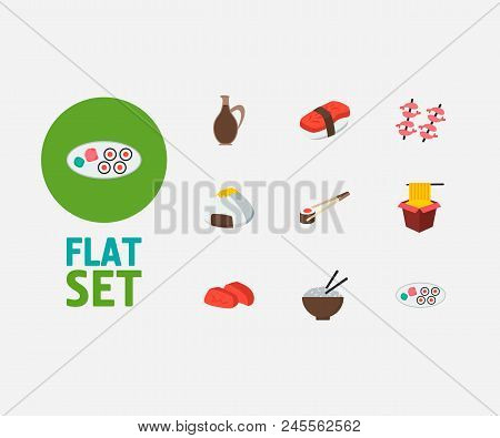 Nutrition Icons Set. Onigiri And Nutrition Icons With Hawker, Sashimi And Rice. Set Of Natural For W