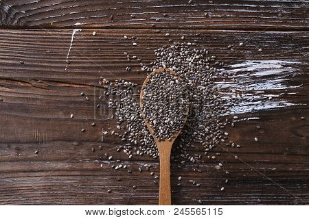 Minimalistic Composition With Chia Seeds On Table. Healthy Nutritious Food.