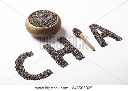 Minimalistic Composition With Chia Seeds On Table. Healthy Nutritious Food.