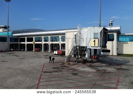 Johor Bahru,malaysia- 16 June, 2018: Connection Bridge To Aircraft In The Senai Airport Located In J