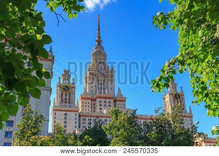 Moscow, Russia - June 02, 2018: Buildings Of Lomonosov Moscow State University (msu) Against Green T