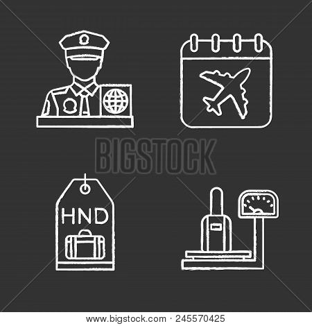 Airport Service Chalk Icons Set. Passport Control Officer, Baggage Scales, Luggage Tag, Flight Date.