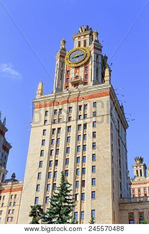 Moscow, Russia - June 02, 2018: Lomonosov Moscow State University (msu) Tower With Thermometer On A 