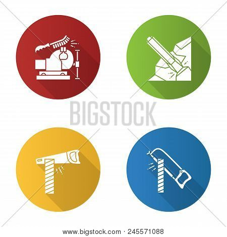 Construction Tools Flat Design Long Shadow Glyph Icon. Bench Vice And Wire Brush, Iron Chisel, Hand 