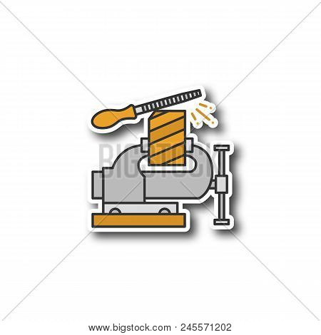 Bench Vice Fixing Wooden Plank Patch. Leg Vice And Metal File. Color Sticker. Vector Isolated Illust
