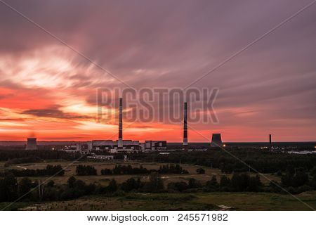 The Thermal Power Station With Pipes Or Tubes And Cooling Towers In Lavriki. The Inustrial Lanscape 
