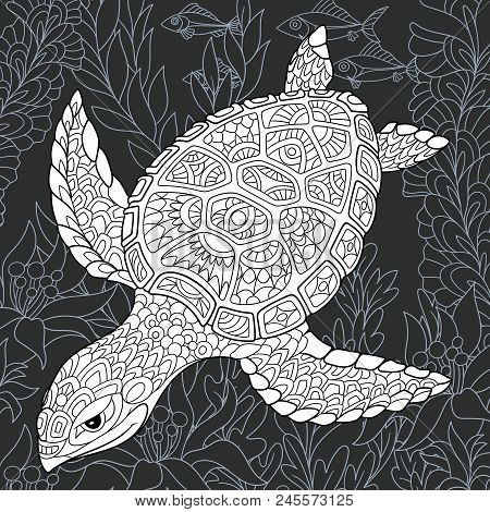 Turtle Drawn In Line Art Style. Ocean Background In Black And White Colors On Chalkboard. Coloring B