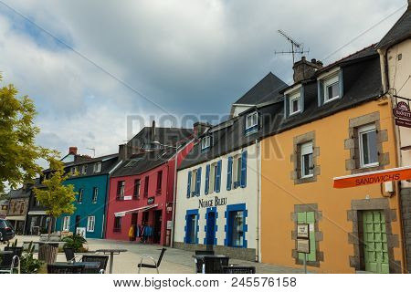 Morgat, France 29 May 2018 Beautiful View Of Scenic Narrow Alley With Historic Traditional Houses An