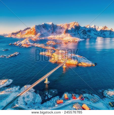 Aerial View Of Reine And Hamnoy At Sunset In Winter. Lofoten Islands, Norway. Panoramic Landscape Wi