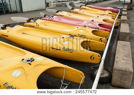 Morgat, France 31 May 2018 Catamarans Storage Without Sails Parked On The Beach.