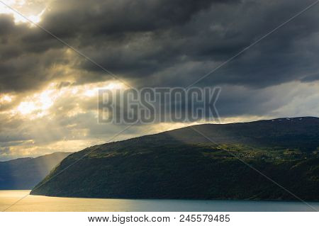 Tourism Vacation And Travel. Sunset Over Mountains Landscape Near Utvik On The Nordfjord In Sogn Og 