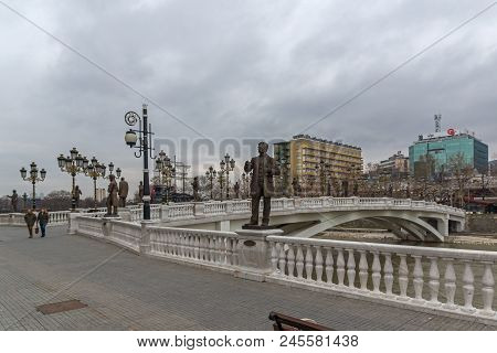 Skopje, Republic Of Macedonia - February 24, 2018:  Art Bridge And Vardar River  In City Of  Skopje,