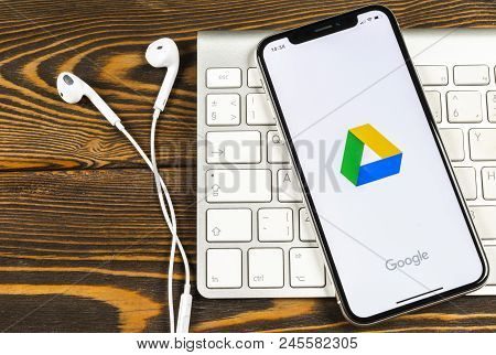 Sankt-petersburg, Russia, June 2, 2018: Google Drive Application Icon On Apple Iphone X Screen Close