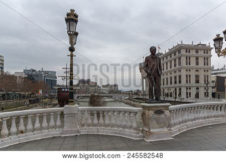 Skopje, Republic Of Macedonia - February 24, 2018:  Art Bridge And Vardar River  In City Of  Skopje,