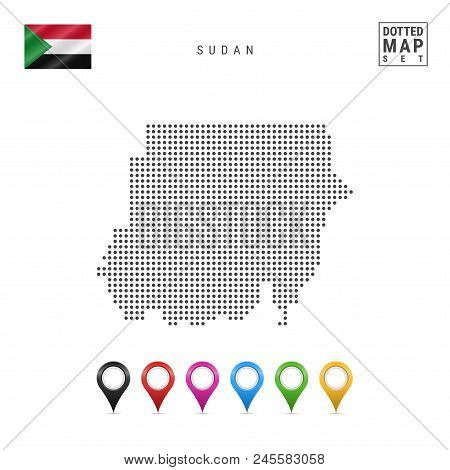 Dotted Map Of Sudan. Simple Silhouette Of Sudan. The National Flag Of Sudan. Set Of Multicolored Map