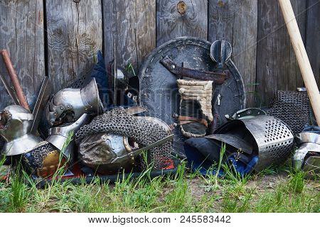 Armor And Weapons Of Participants In The Competition For The Medieval Battle. Тhеrе Are Chain Armor,