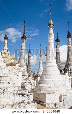 A Series Of White-washed Stupas Or Zedis In A Site On A Hill Near The Village Of Thaung Tho On The I