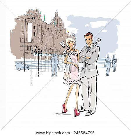 Shopping In London. Week Of Sales. Discounted Clothing. A Man And A Woman In Clothes With Markdown T