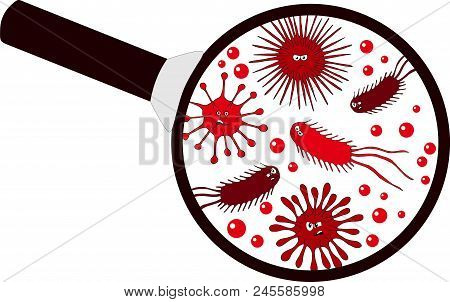 Bacterial Microorganism In A Magnifier. Bacteria And Germs Colorful Set, Micro-organisms, Bacteria, 