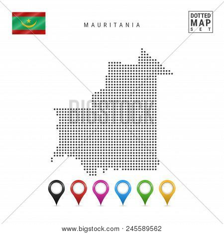 Dotted Map Of Mauritania. Simple Silhouette Of Mauritania. The National Flag Of Mauritania. Set Of M