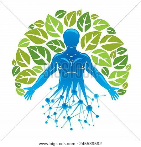 Vector Graphic Illustration Of Muscular Human Created With Wireframe Mesh Connections And Ecology Tr