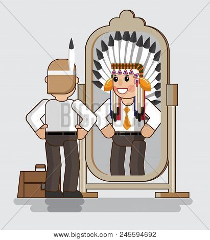 Businessman Looks At Himself In The Mirror And Sees Himself As The Big Boss. Economic Growth Concept