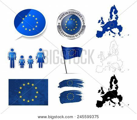 Large Set Of European Union Infographics Elements With Flags, Maps And Badges Isolated On White