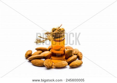 Close Up Of Extracted Oil Of Almond Or Badam Used As Hair Oil For Good And Thicker, Strong Black Hai