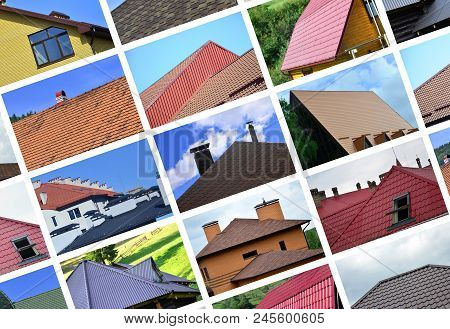 A Collage Of Many Pictures With Fragments Of Various Types Of Roofing. Set Of Images With Roofs
