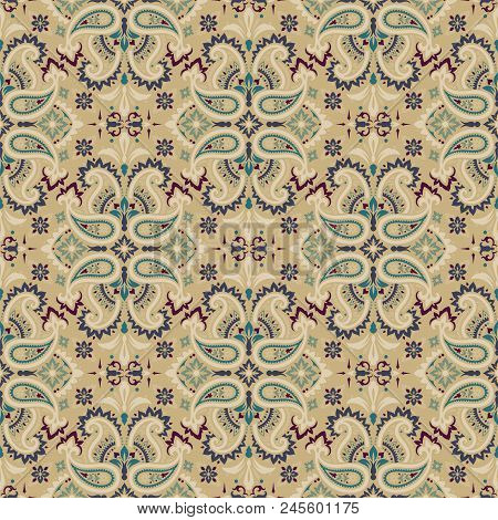 Seamless Pattern Based On Traditional Asian Elements Paisley. Boho Vintage Style Vector Background. 
