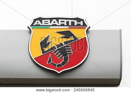 Macon, France - May 27, 2018: Abarth logo on a wall. Abarth is an Italian racing car and road car maker founded by Italo-Austrian Carlo Abarth in 1949