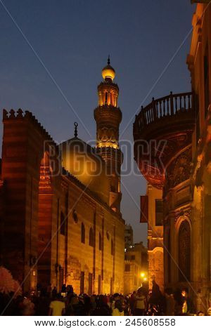 Cairo/ Egypt - MARCH 19 2016: Al Moez Street at night. The street is one of the most famous attraction point in historical Islamic Cairo.
