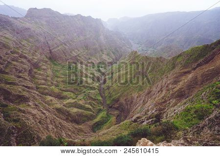 Breathtaking Panoramic View From Delgadinho Mountain Ridge And Valley With Dry Waterfall. Santo Anta