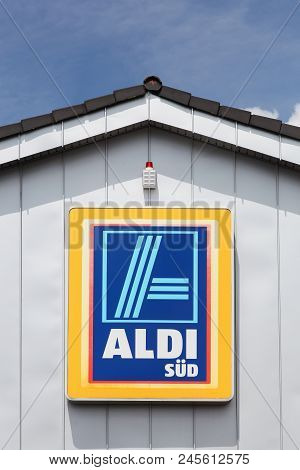 Blankenheim, Germany - July 22, 2017: Aldi Sud Logo On A Wall. Aldi Is A Leading Global Discount Sup